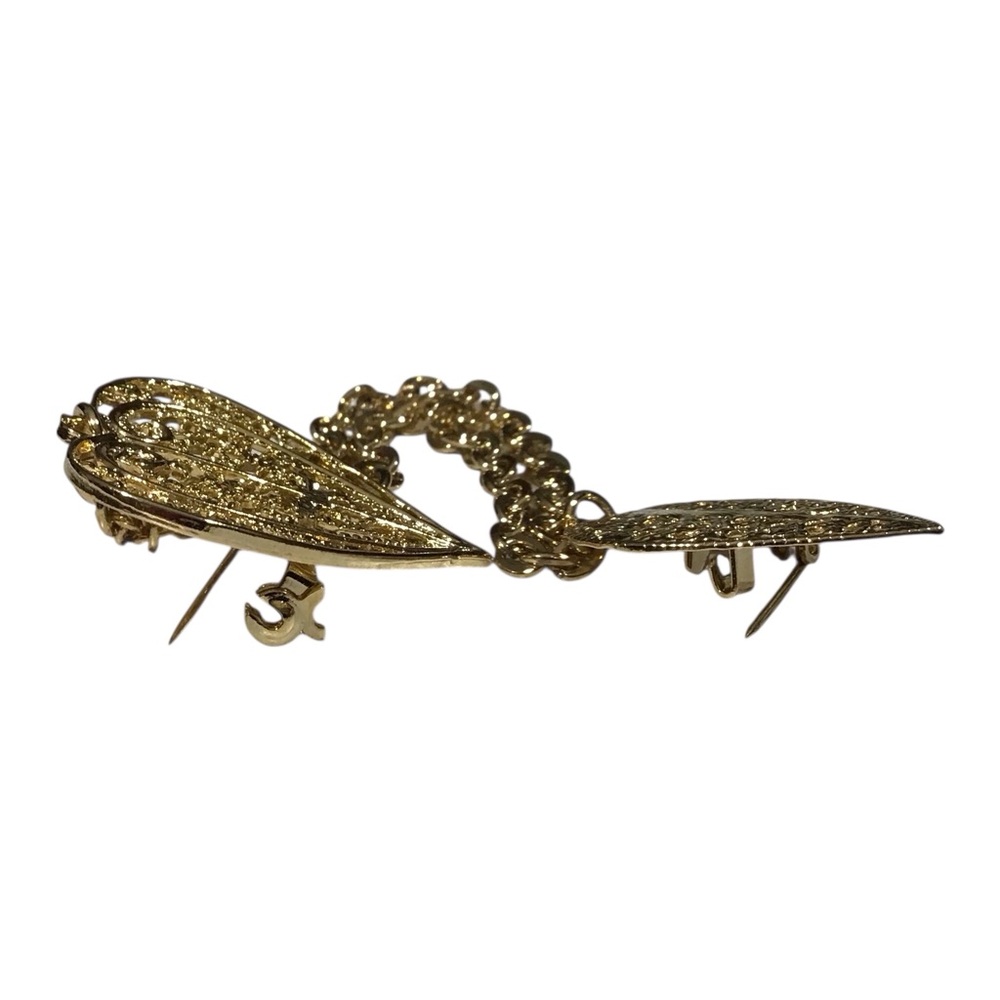 Double Heart Brooch Gold Tone Chain Filigree Blazers Lapel Costume Jewelry Vtg - Picture 5 of 11